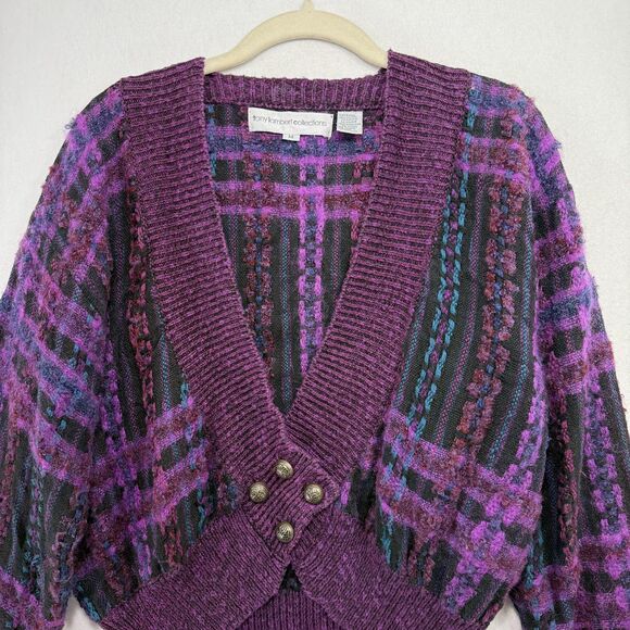 Vtg Tony Lambert Cardigan Women M Purple Plaid Mohair Blend Chunky Indie 80s 90s - Picture 4 of 12